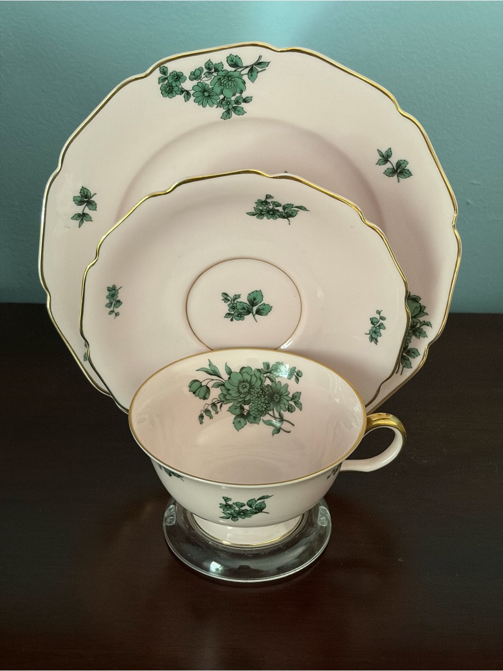 Rosenthal Pink and Green Floral Teacup, Saucer & Dessert Plate with Gold Trim
